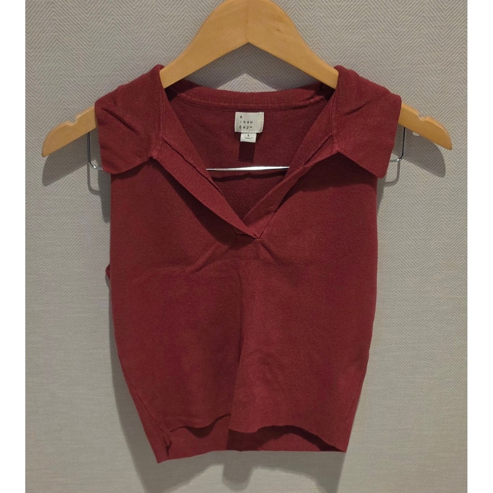 A New Day Womens Sleeveless Polo Sweater Vest Burgundy Red Ribbed Knit Size L
